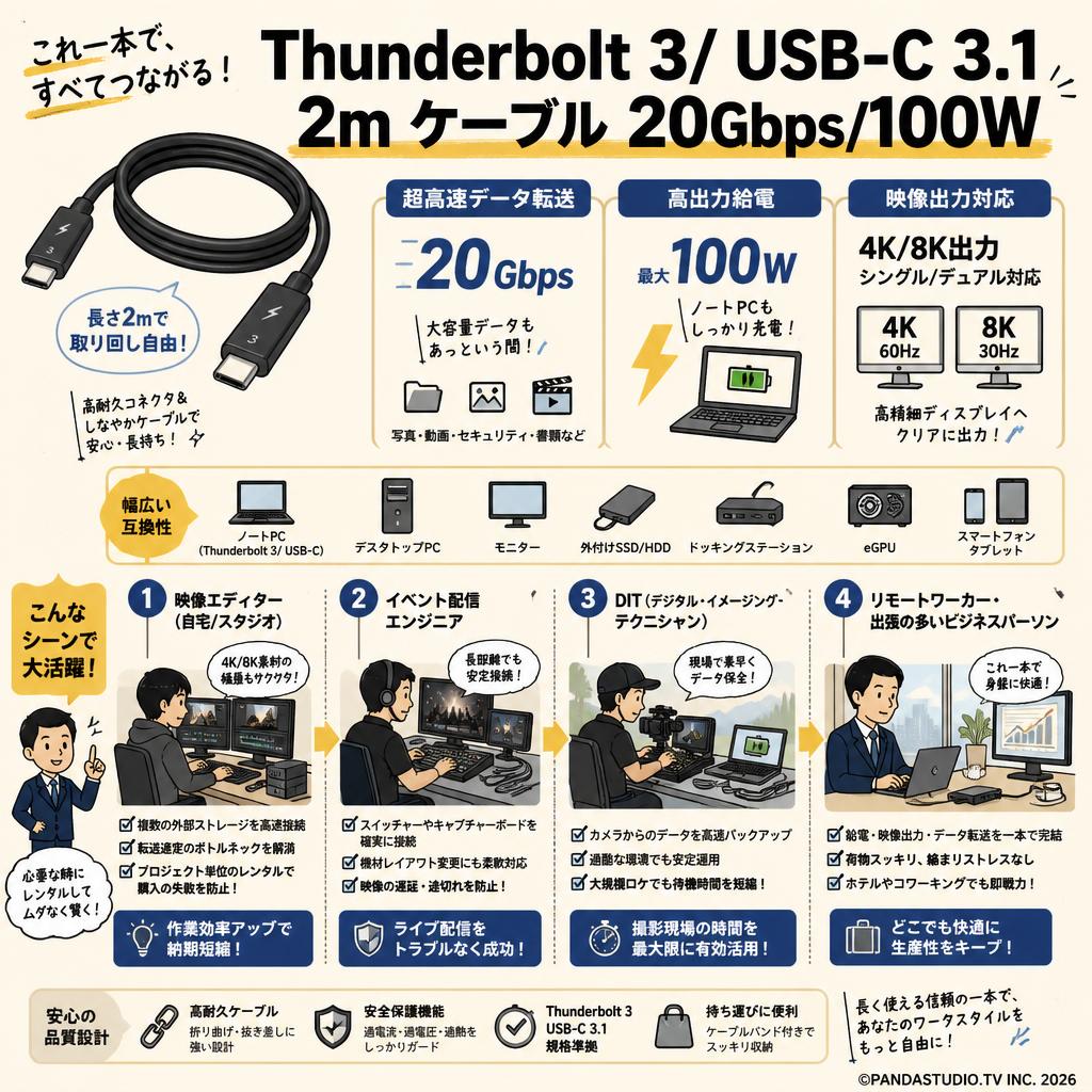Thunderbolt 3/ USB-C 3.1 2m ケーブル  20Gbps/100W おもな対象のお客様