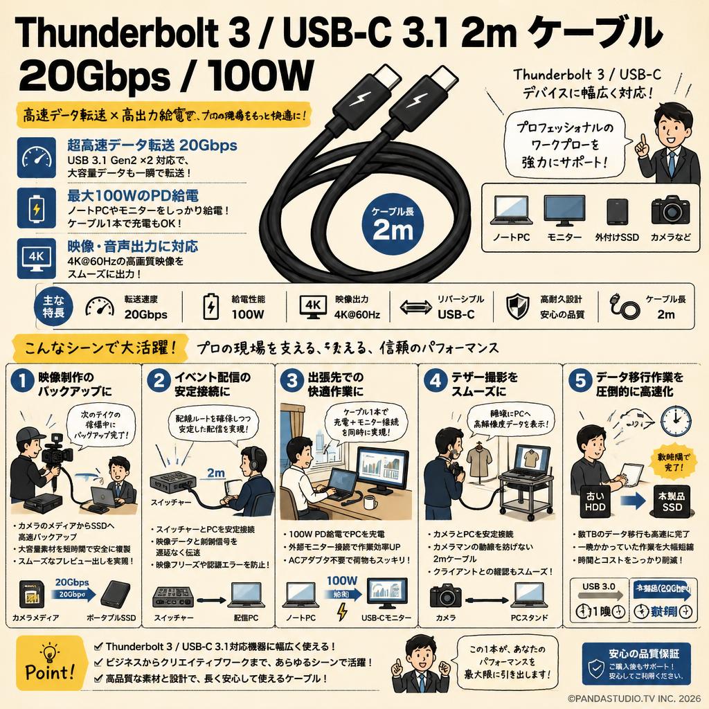 Thunderbolt 3/ USB-C 3.1 2m ケーブル  20Gbps/100W 用途