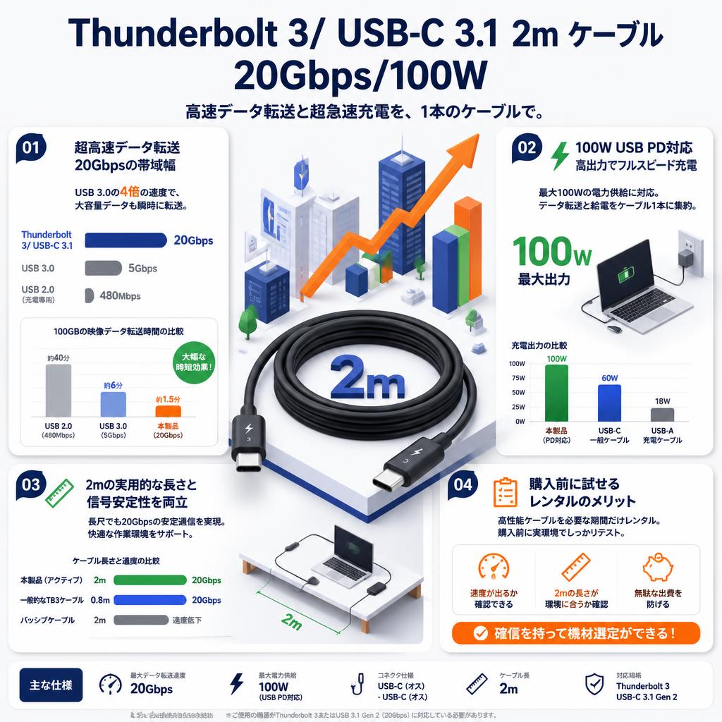 Thunderbolt 3/ USB-C 3.1 2m ケーブル  20Gbps/100W セールスポイント