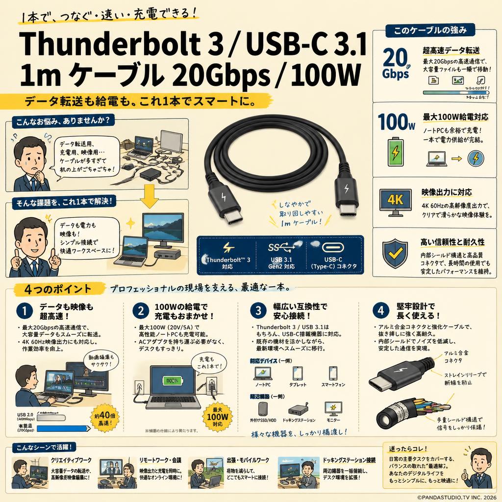 Thunderbolt 3/ USB-C 3.1 1m ケーブル 20Gbps/100W 概要