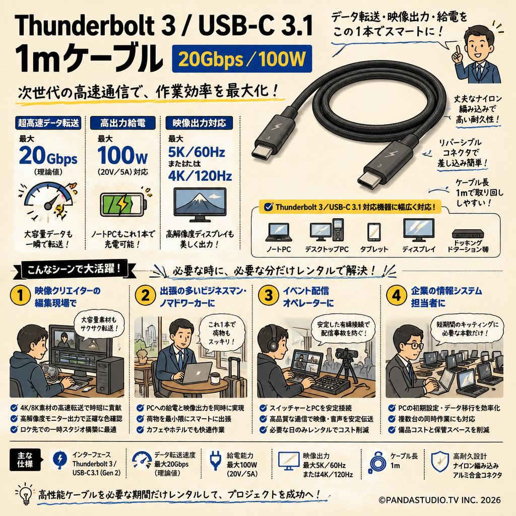 Thunderbolt 3/ USB-C 3.1 1m ケーブル 20Gbps/100W おもな対象のお客様