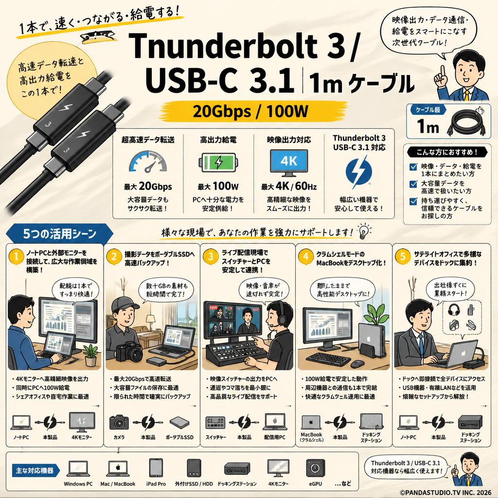 Thunderbolt 3/ USB-C 3.1 1m ケーブル 20Gbps/100W 用途