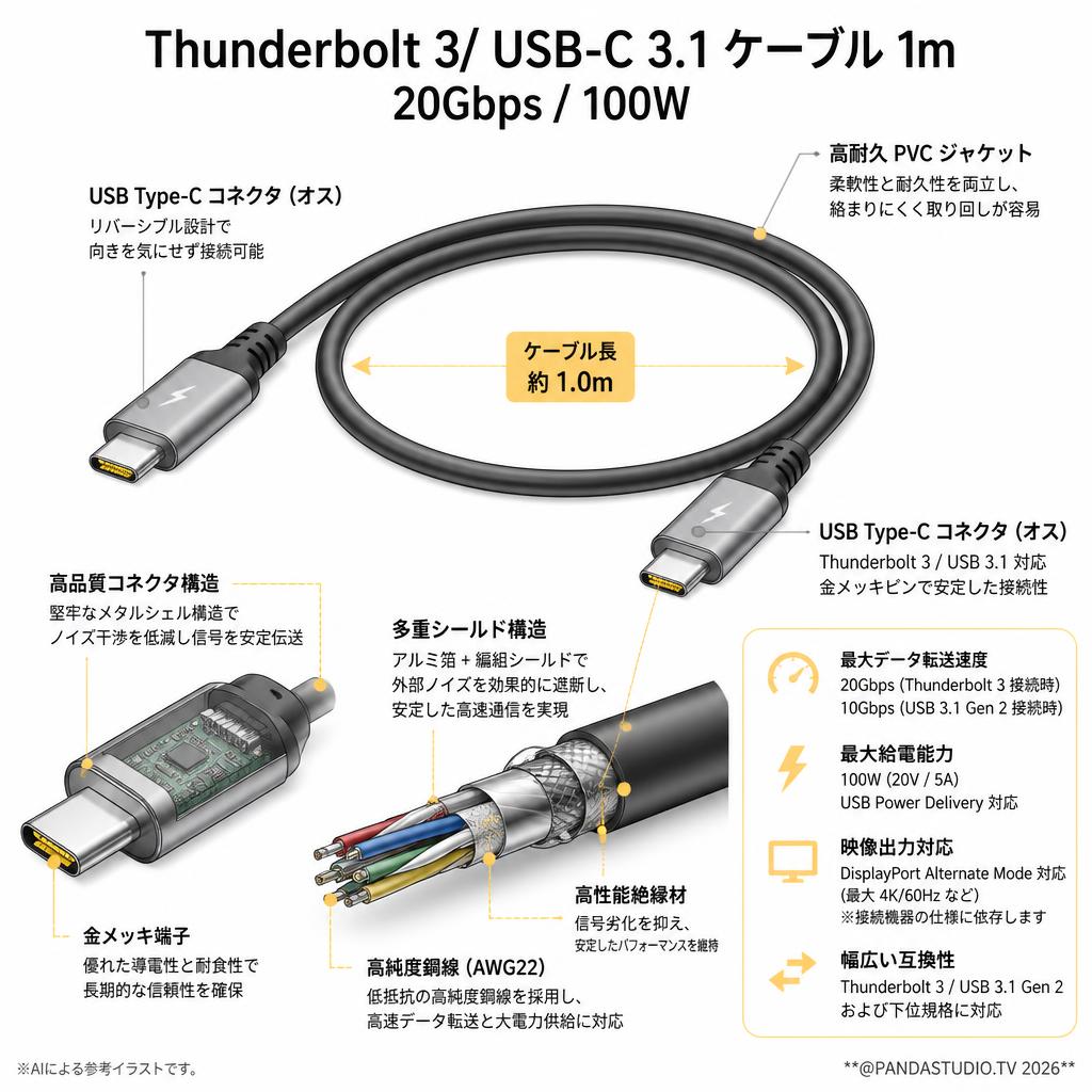 Thunderbolt 3/ USB-C 3.1 1m ケーブル 20Gbps/100W スペック
