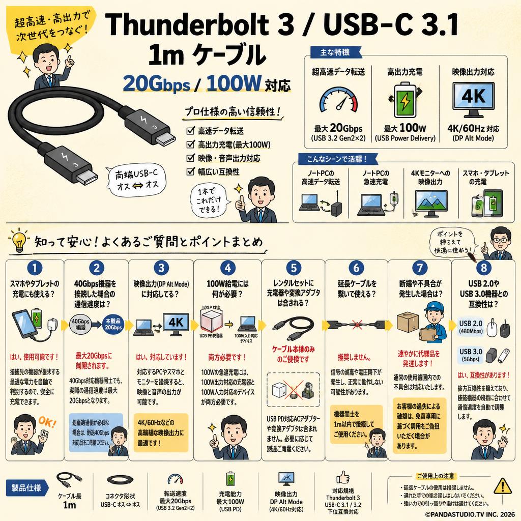 Thunderbolt 3/ USB-C 3.1 1m ケーブル 20Gbps/100W FAQ（よくある質問と答え）