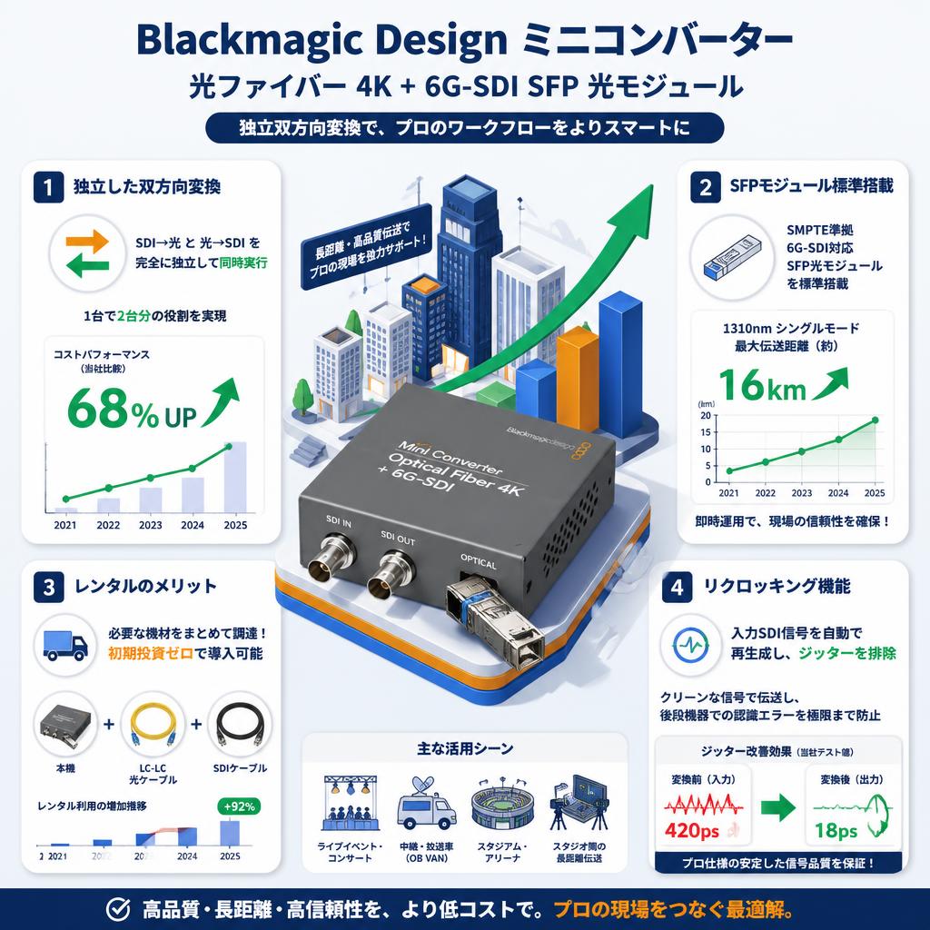 Blackmagic Design Mini Converter Optical Fiber 4K + 6G-SDI SFP Optical Module セールスポイント