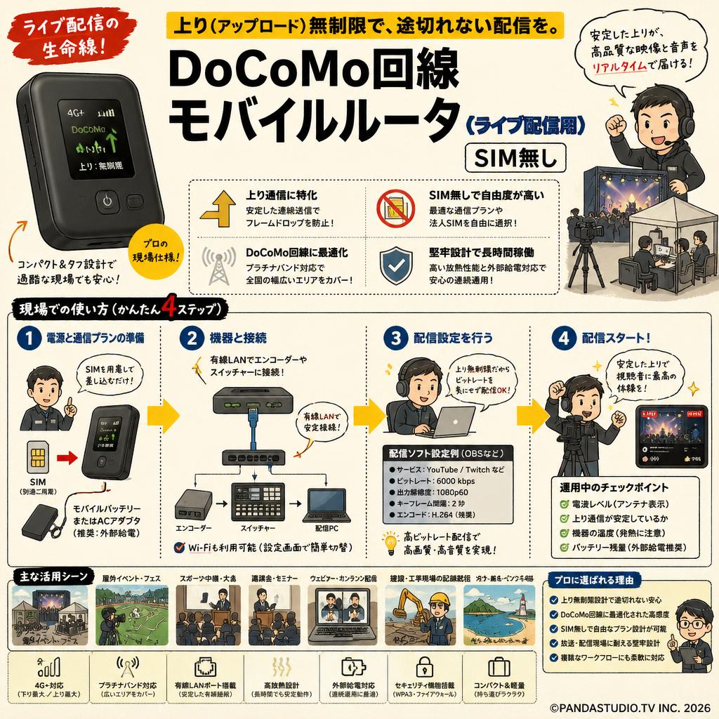 【上り無制限】DoCoMo回線 モバイルルータ（ライブ配信用）【SIM無し】 概要