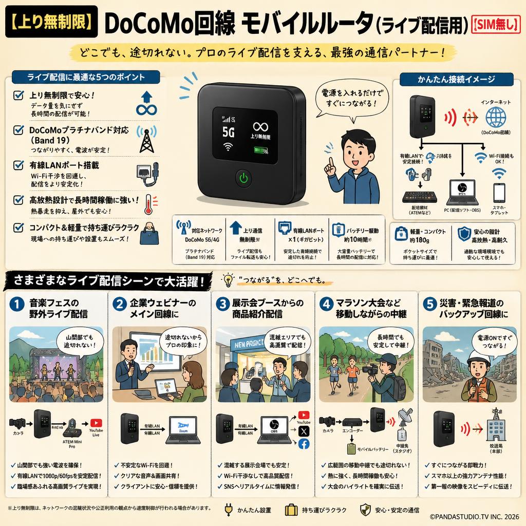 【上り無制限】DoCoMo回線 モバイルルータ（ライブ配信用）【SIM無し】 用途