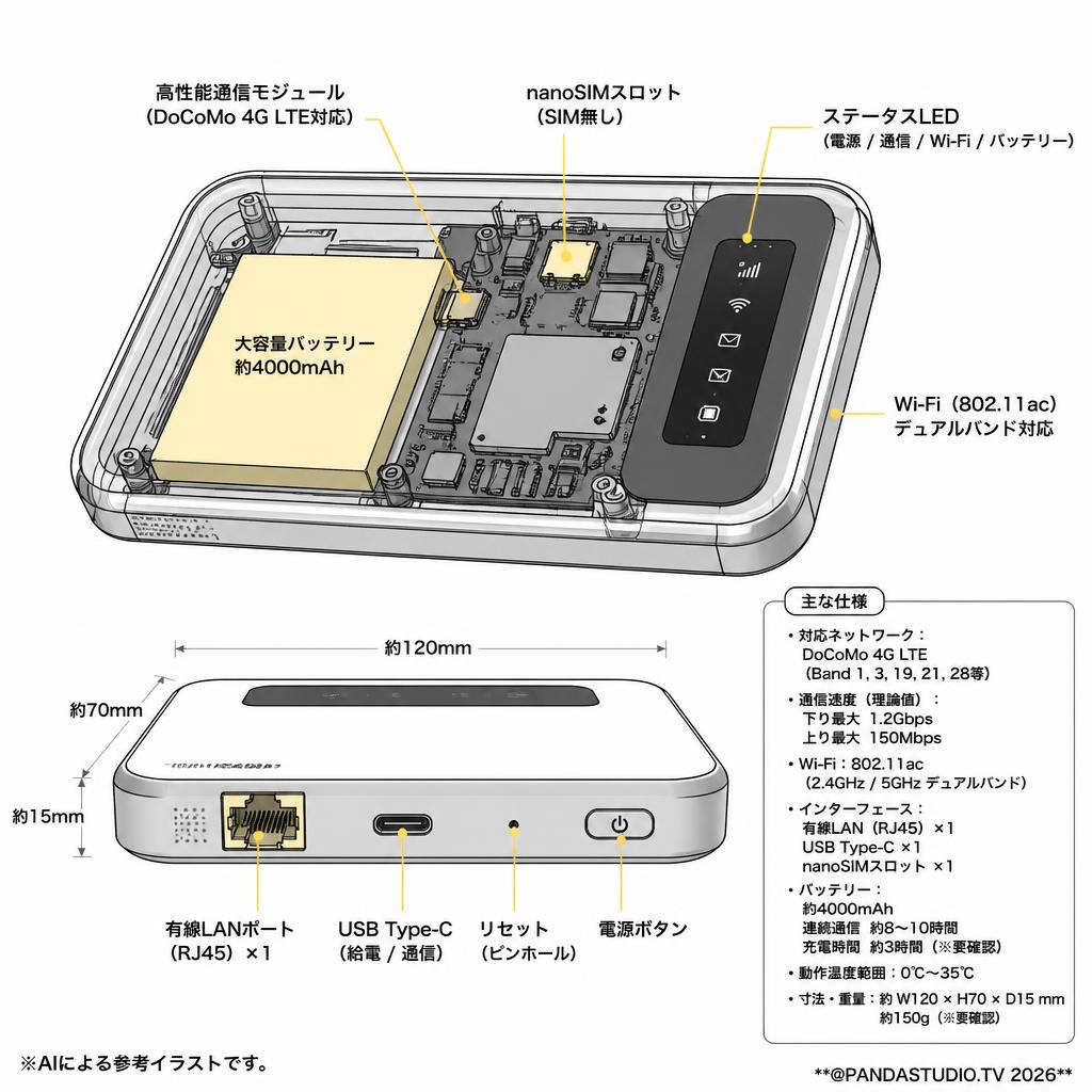 【上り無制限】DoCoMo回線 モバイルルータ（ライブ配信用）【SIM無し】 スペック