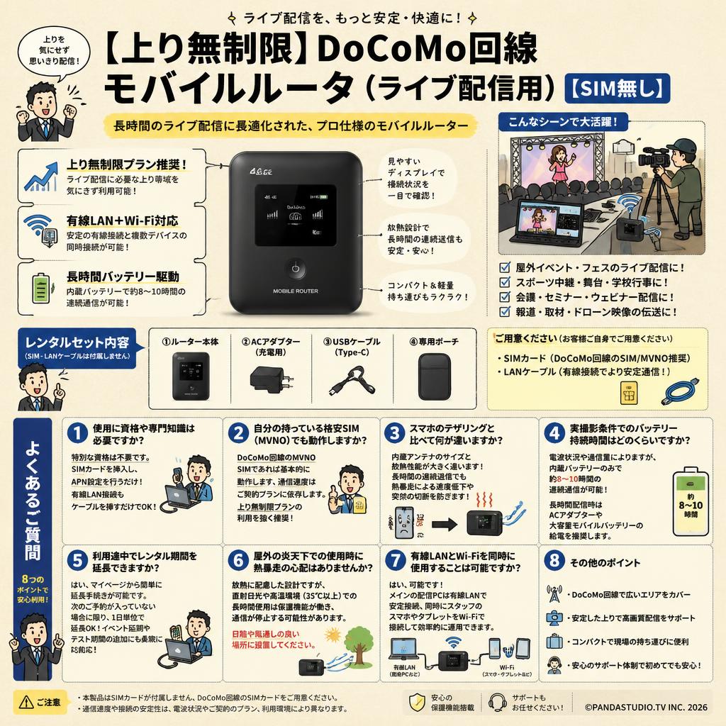 【上り無制限】DoCoMo回線 モバイルルータ（ライブ配信用）【SIM無し】 FAQ（よくある質問と答え）