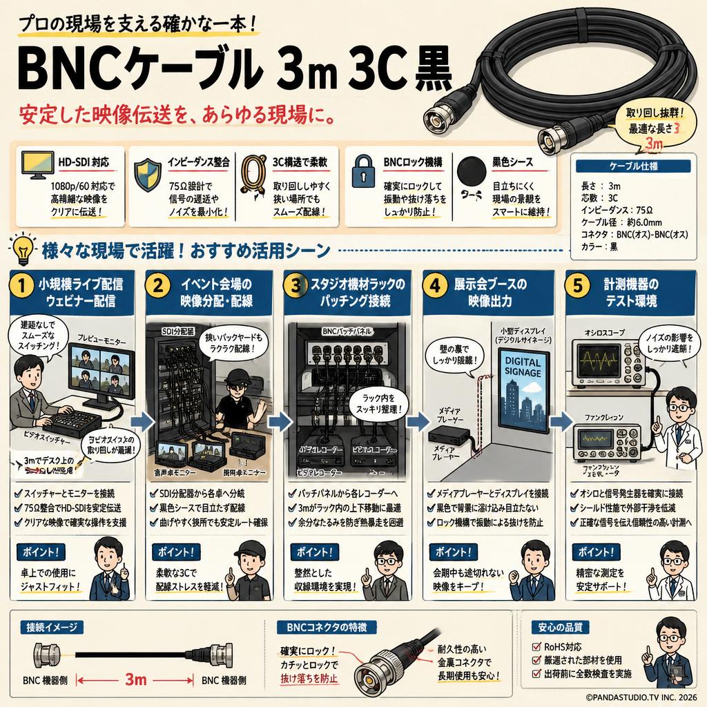 BNCケーブル 3m 3C 黒 用途