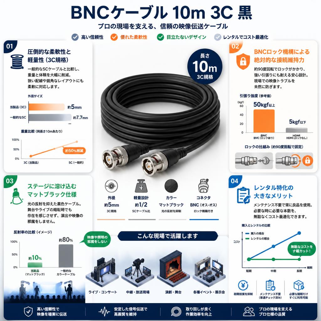 BNCケーブル 10m 3C 黒 セールスポイント