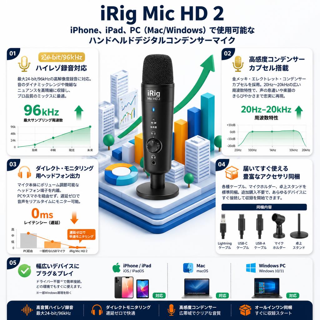 iRig Mic HD 2　iPhone、iPad、PC（Mac/Windows）で使用可能なハンドヘルドデジタルコンデンサーマイク セールスポイント