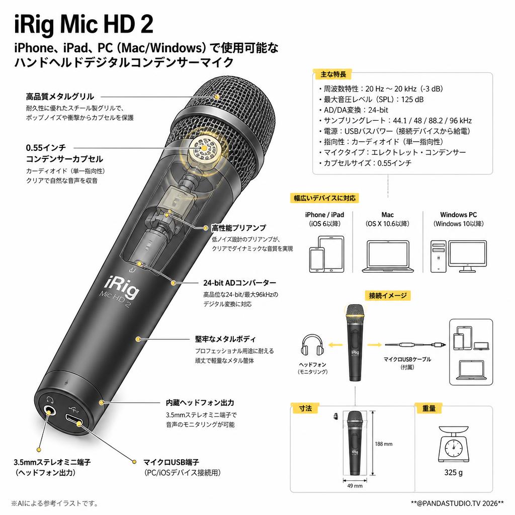 iRig Mic HD 2　iPhone、iPad、PC（Mac/Windows）で使用可能なハンドヘルドデジタルコンデンサーマイク スペック