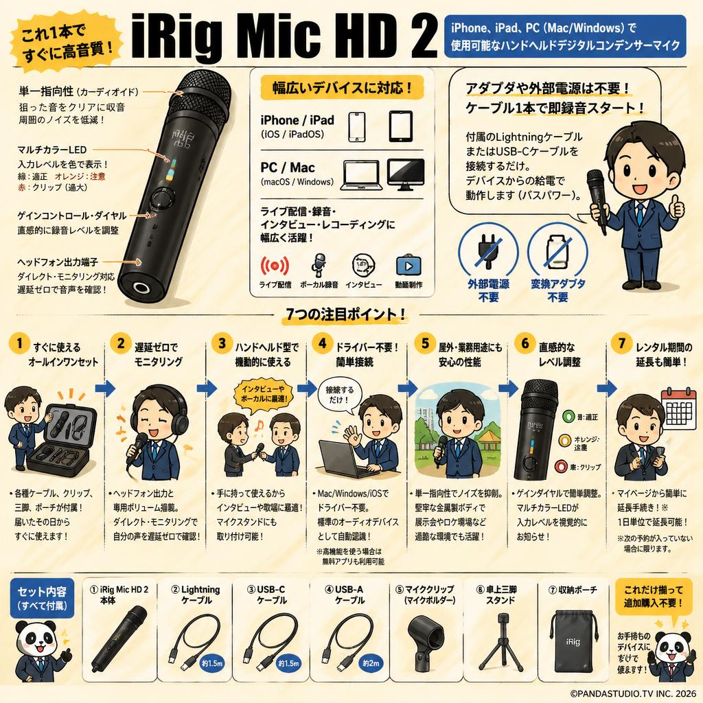 iRig Mic HD 2　iPhone、iPad、PC（Mac/Windows）で使用可能なハンドヘルドデジタルコンデンサーマイク FAQ（よくある質問と答え）