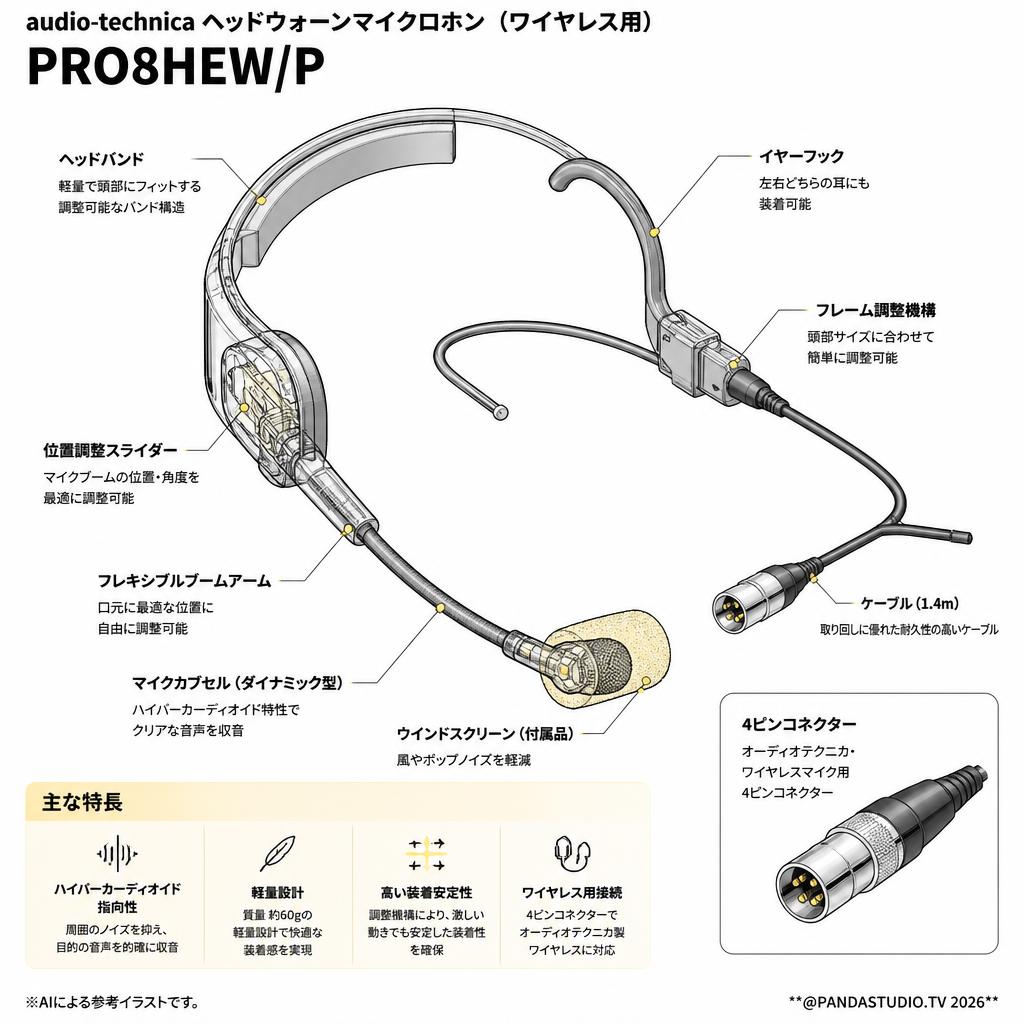 audio-technica ヘッドウォーンマイクロホン（ワイヤレス用） PRO8HEW/P スペック