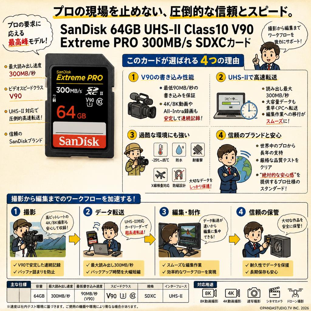 SanDisk 64GB UHS-II Class10 V90 Extreme PRO 300MB/s SDXCカード 概要