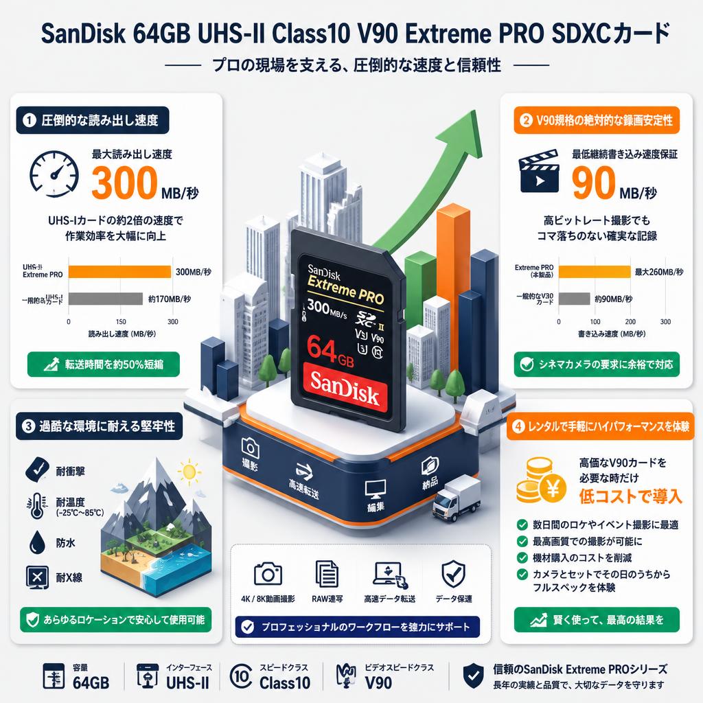 SanDisk 64GB UHS-II Class10 V90 Extreme PRO 300MB/s SDXCカード セールスポイント