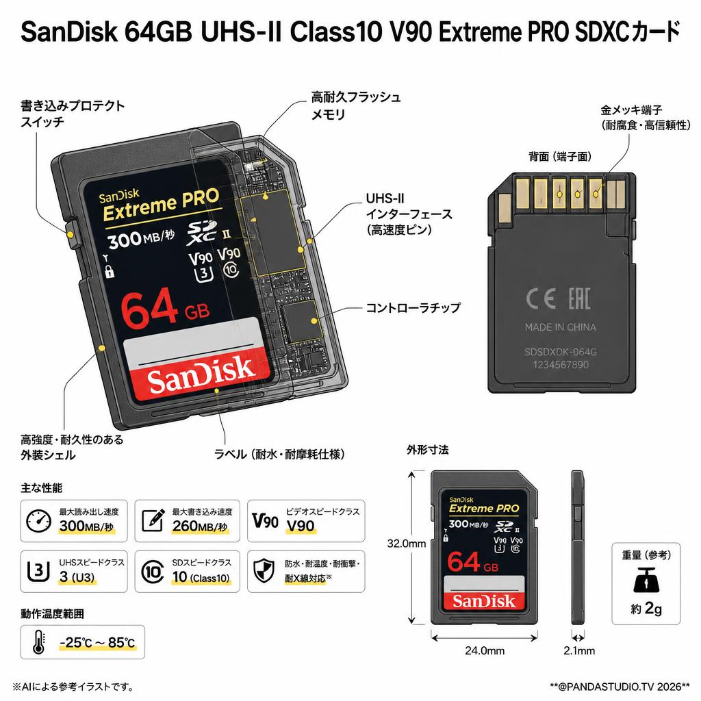 SanDisk 64GB UHS-II Class10 V90 Extreme PRO 300MB/s SDXCカード スペック