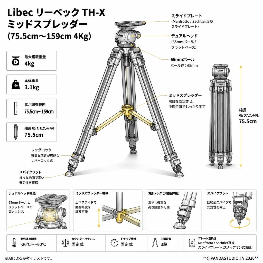 Libec リーベック TH-X ミッドスプレッダー（75.5cm～159cm 4Kg) スペック