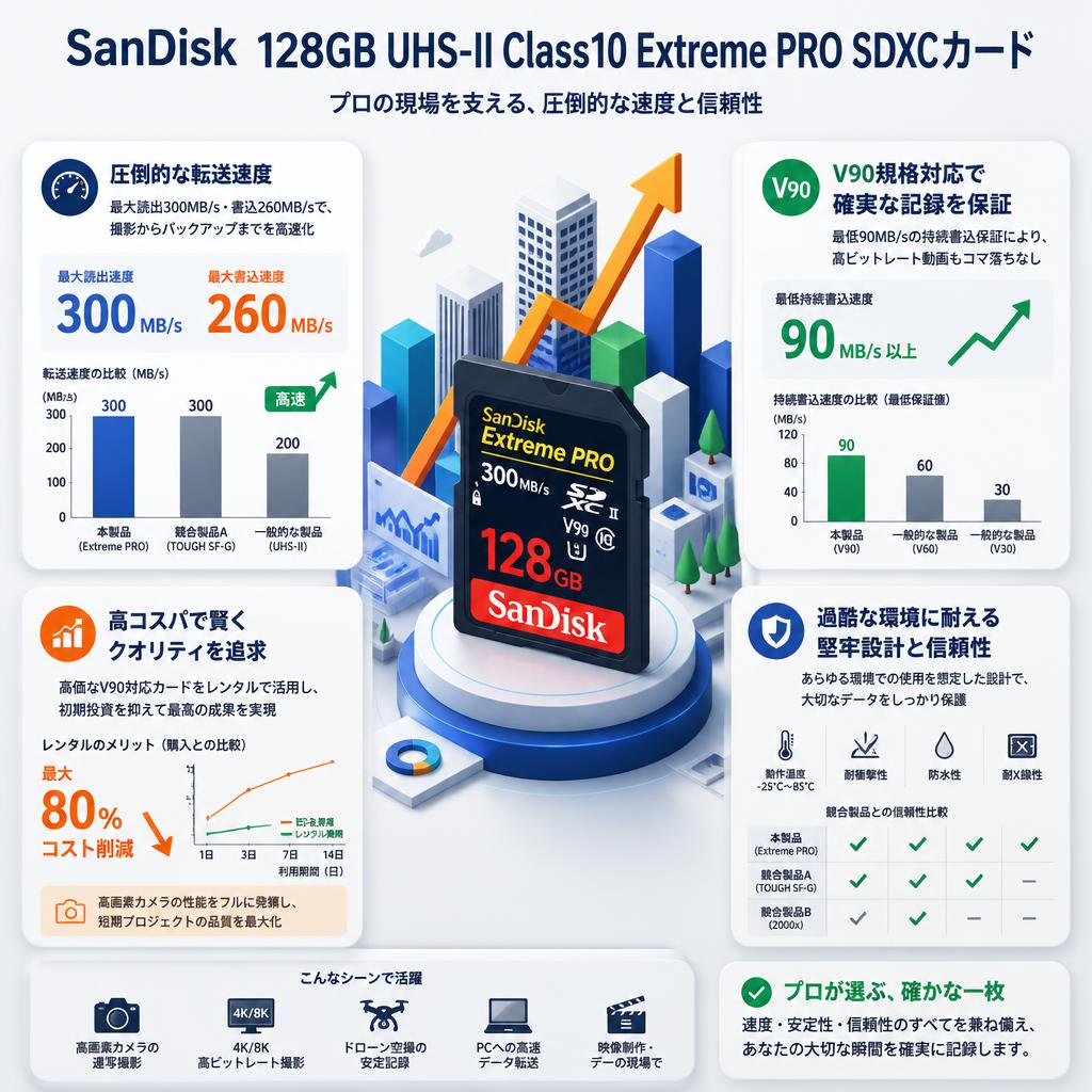 SanDisk 128GB UHS-II Class10 Extreme PRO 300MB/s SDXCカード セールスポイント