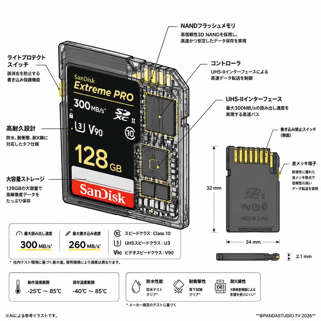 SanDisk 128GB UHS-II Class10 Extreme PRO 300MB/s SDXCカード スペック