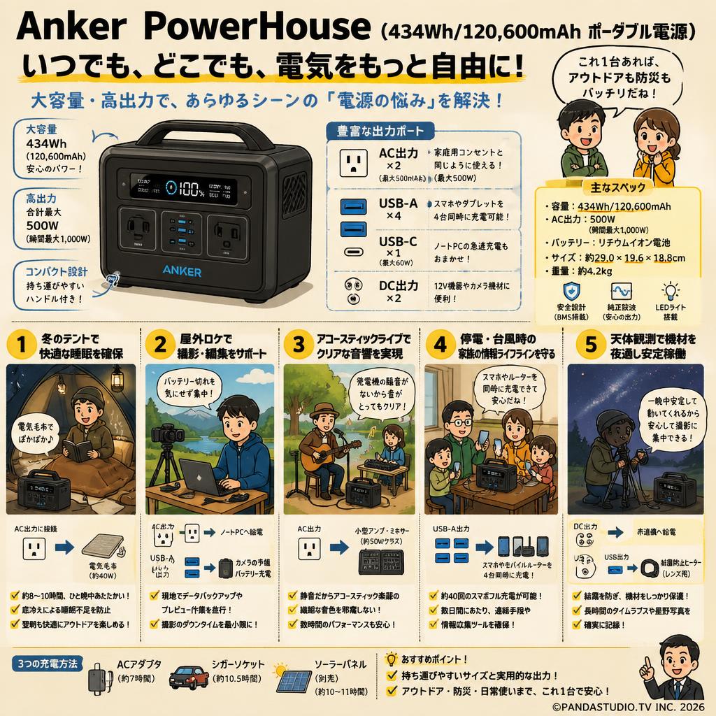 Anker PowerHouse (434Wh/120,600mAh ポータブル電源) 用途