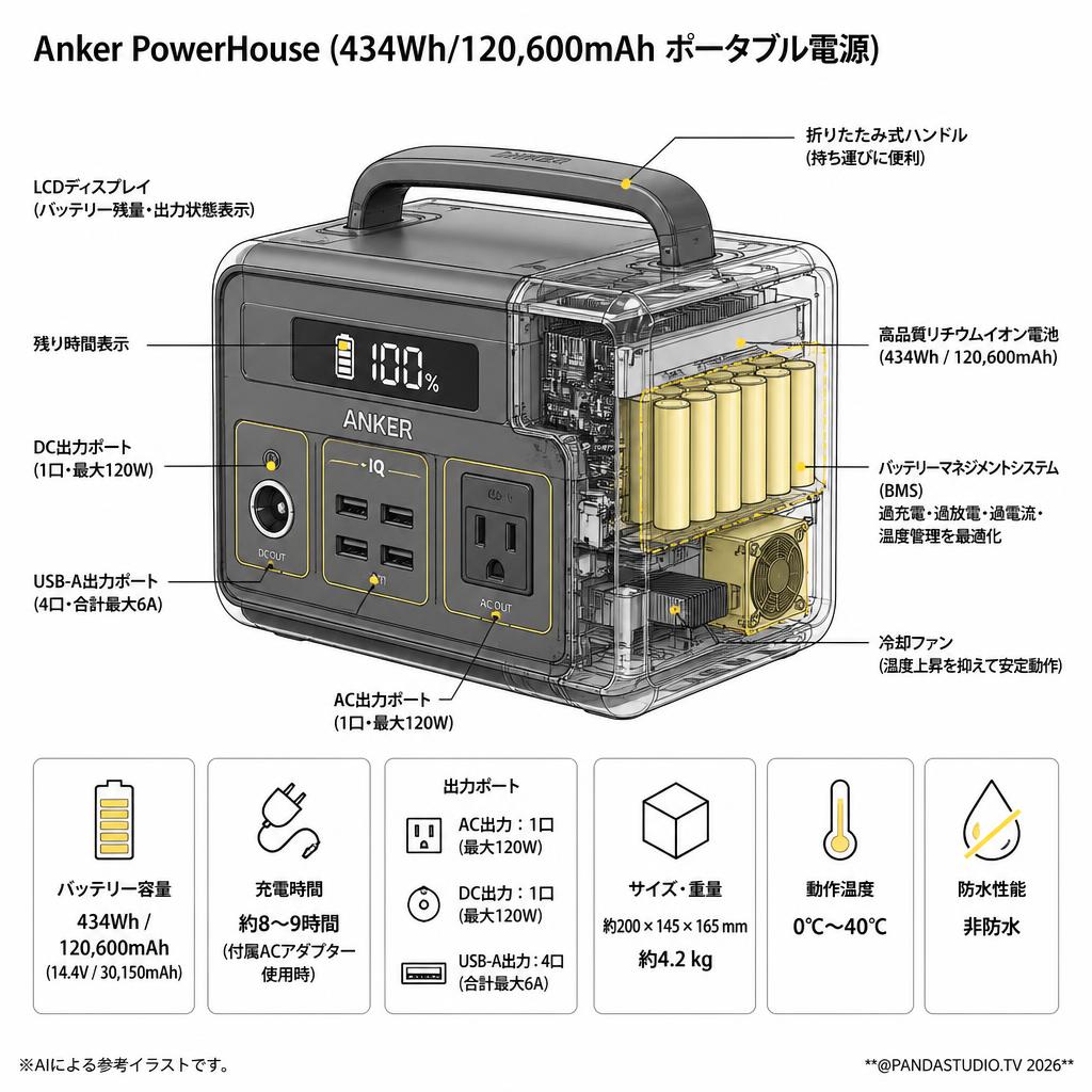 Anker PowerHouse (434Wh/120,600mAh ポータブル電源) スペック