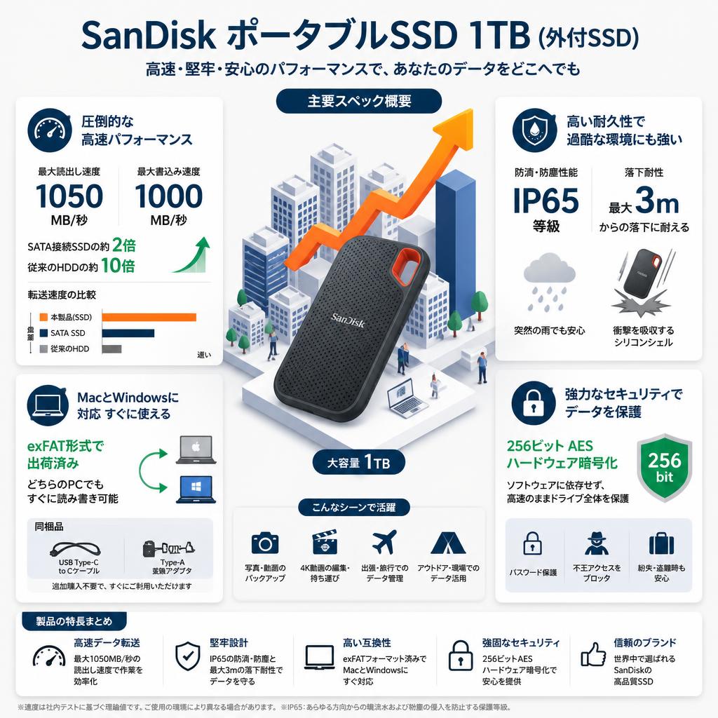 SanDisk ポータブルSSD 1TB (外付SSD) セールスポイント