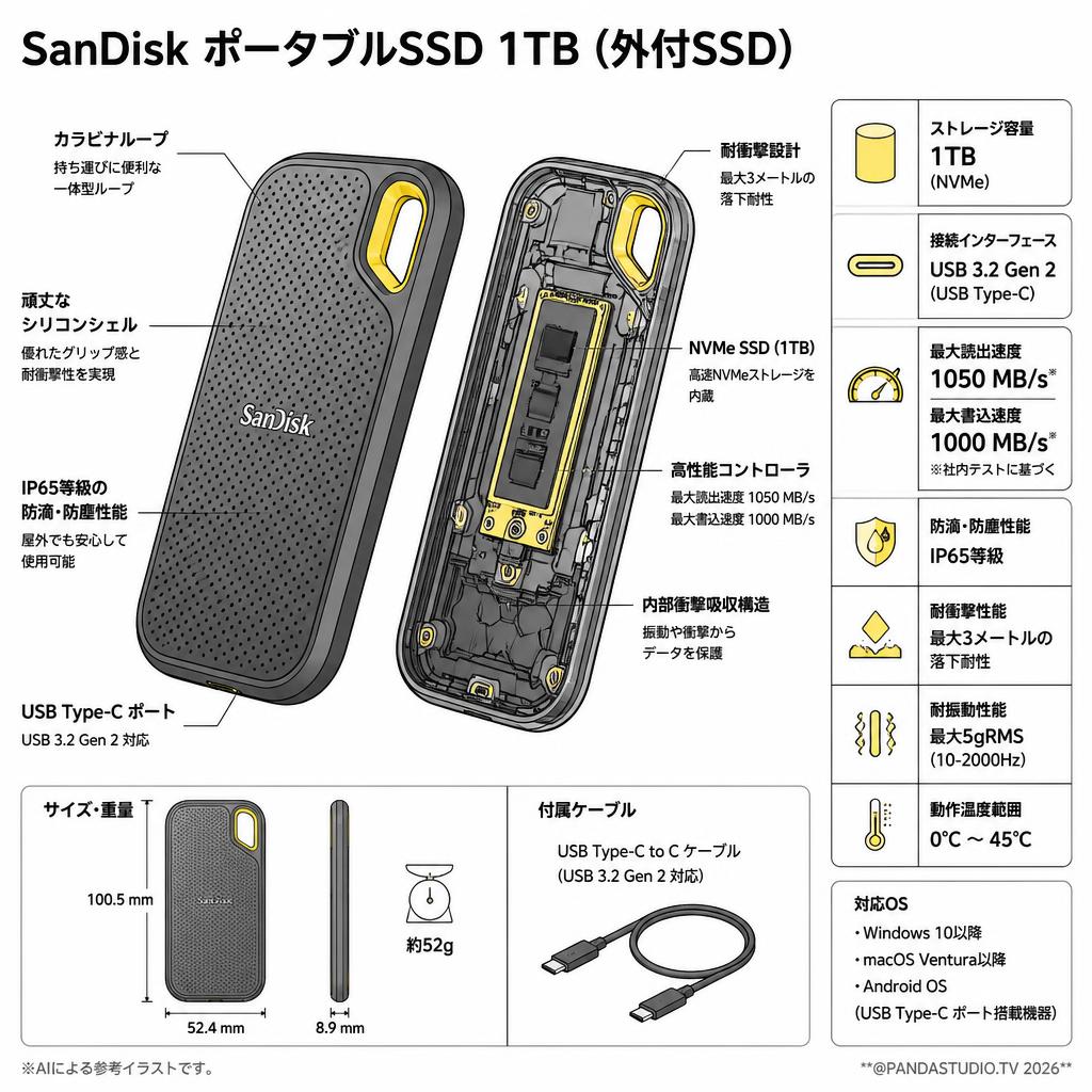 SanDisk ポータブルSSD 1TB (外付SSD) スペック
