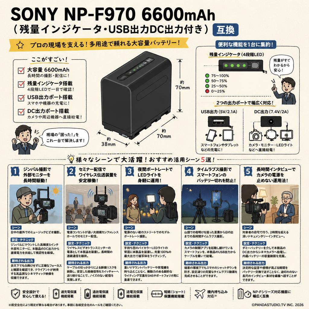 SONY NP-F970 6600mAh (残量インジケータ・USB出力DC出力付き) 互換 用途