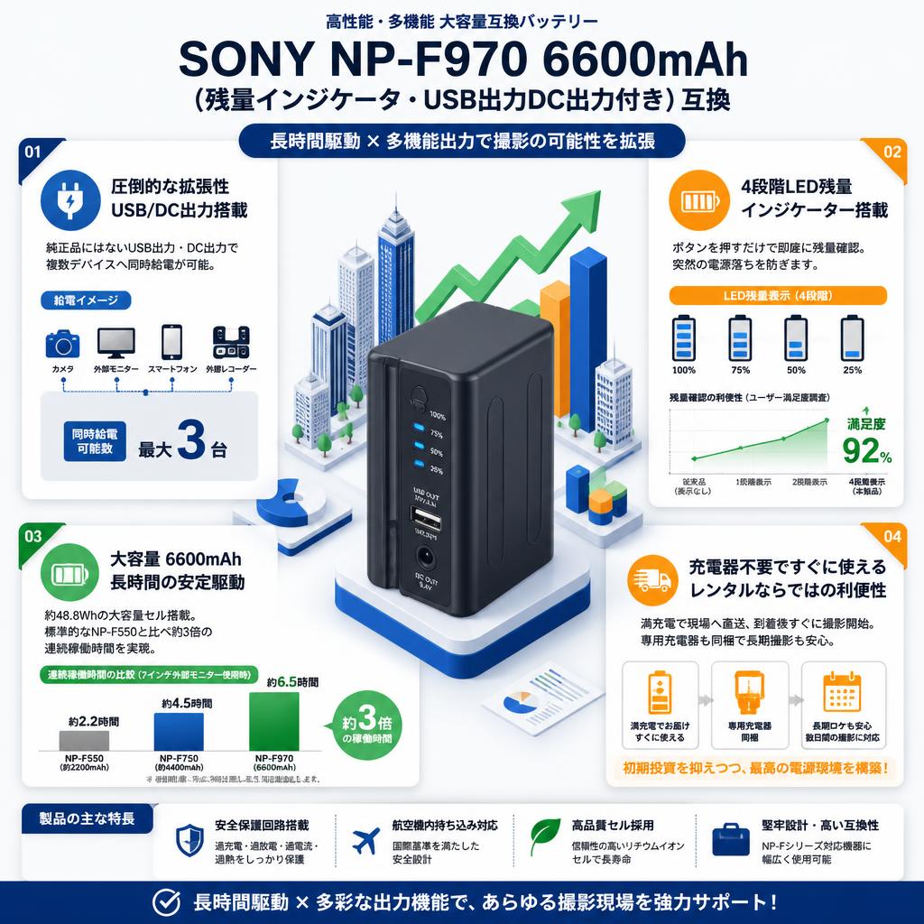SONY NP-F970 6600mAh (残量インジケータ・USB出力DC出力付き) 互換 セールスポイント