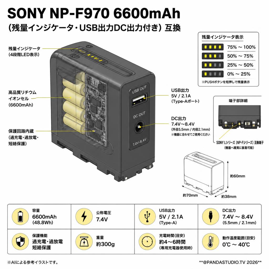 SONY NP-F970 6600mAh (残量インジケータ・USB出力DC出力付き) 互換 スペック
