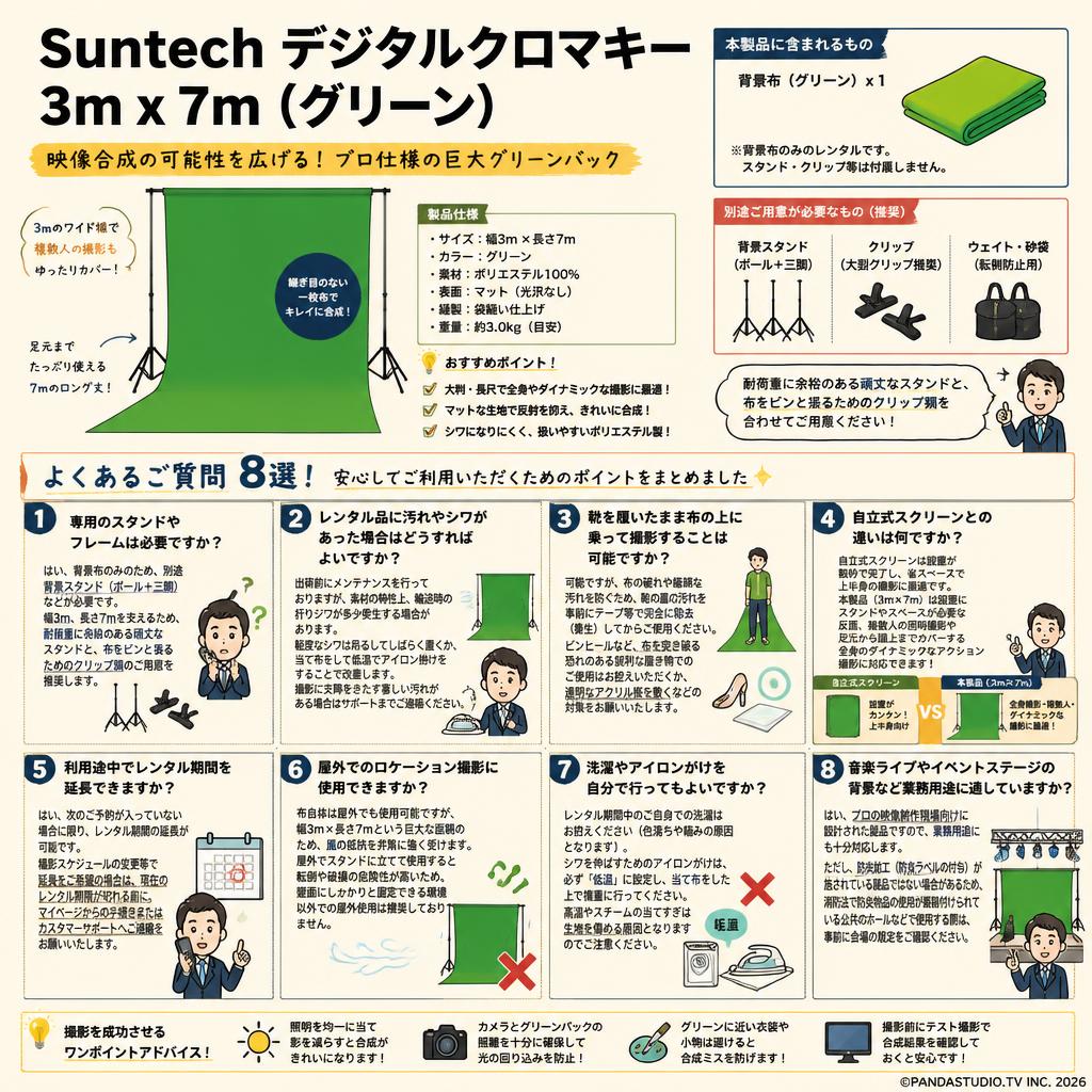 Suntech デジタルクロマキー 3m x 7m（グリーン） FAQ（よくある質問と答え）