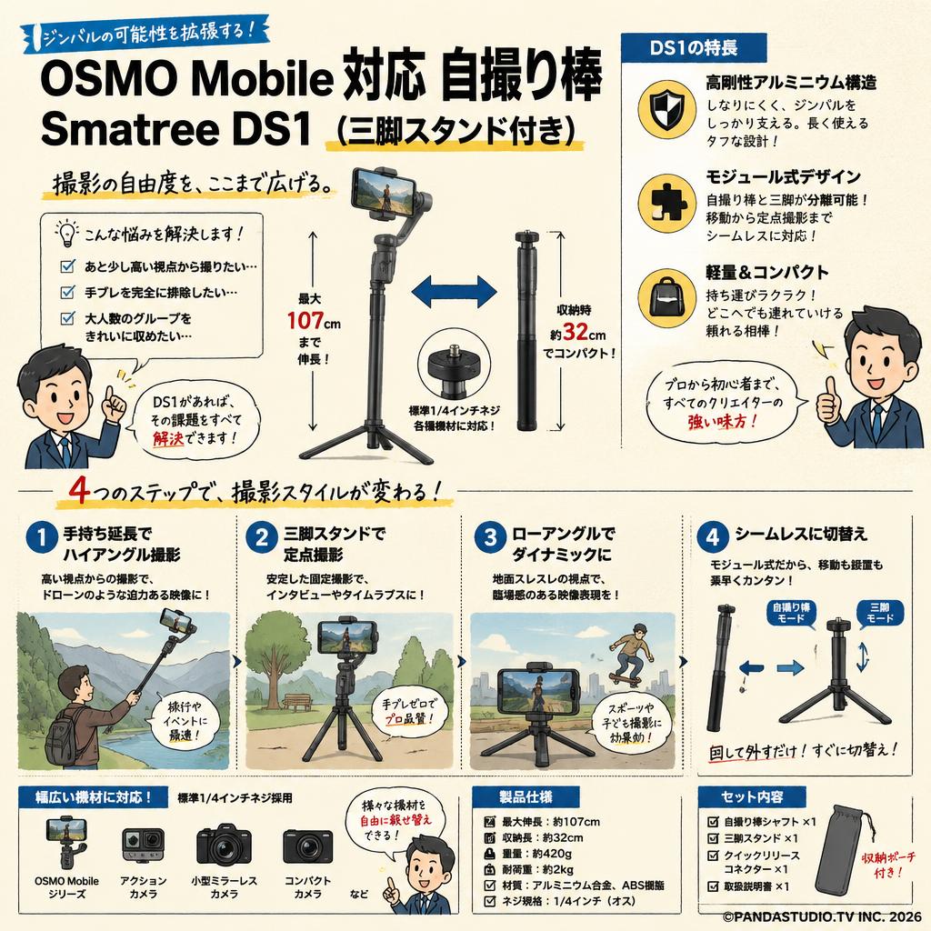 OSMO Mobile 対応 自撮り棒 Smatree DS1（三脚スタンド付き） 概要