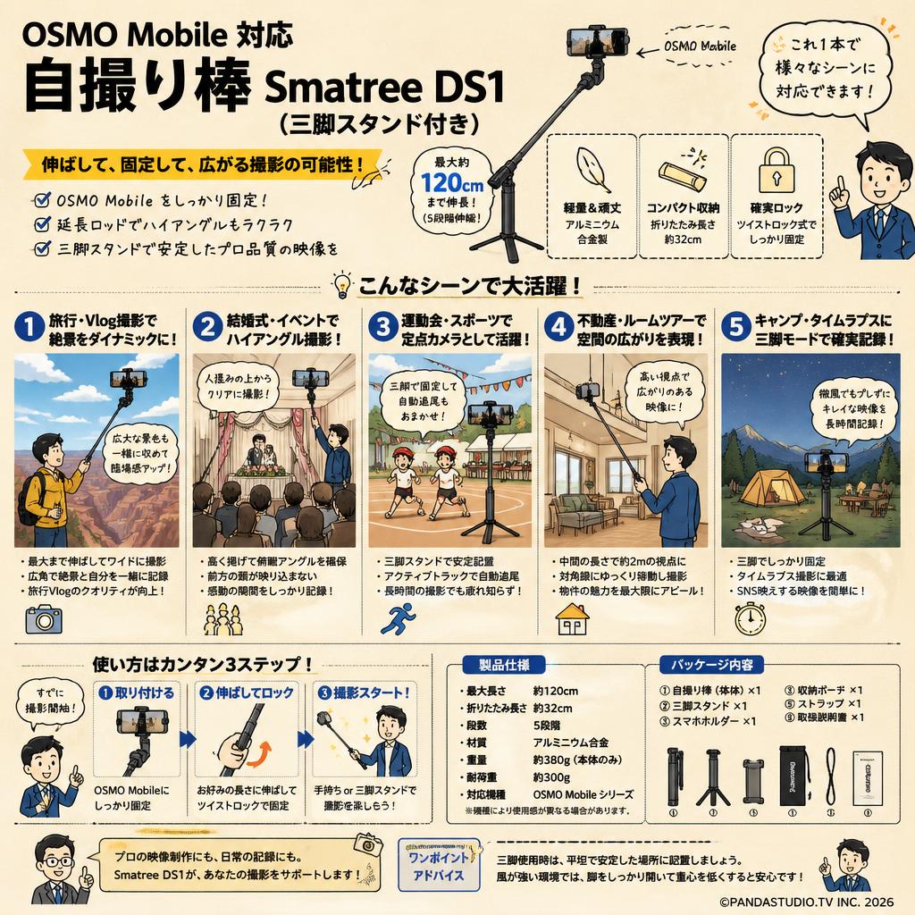 OSMO Mobile 対応 自撮り棒 Smatree DS1（三脚スタンド付き） 用途