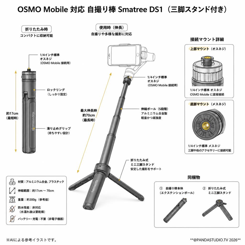 OSMO Mobile 対応 自撮り棒 Smatree DS1（三脚スタンド付き） スペック