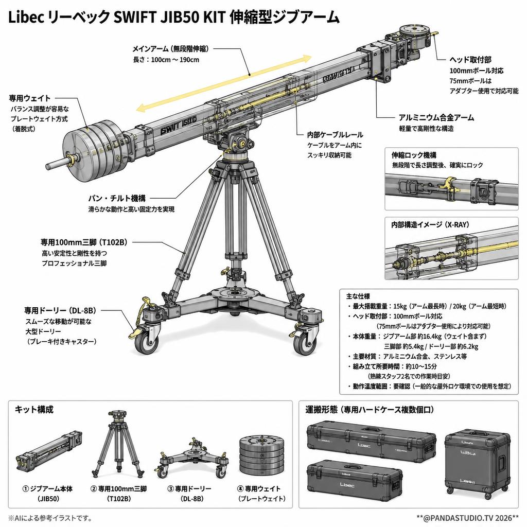 Libec リーベック SWIFT JIB50 KIT 伸縮型ジブアーム【クロネコ発送不可/佐川急便配送】 スペック
