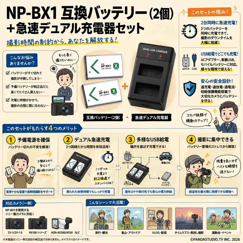 NP-BX1 互換バッテリー（2個）+急速デュアル充電器セット 概要