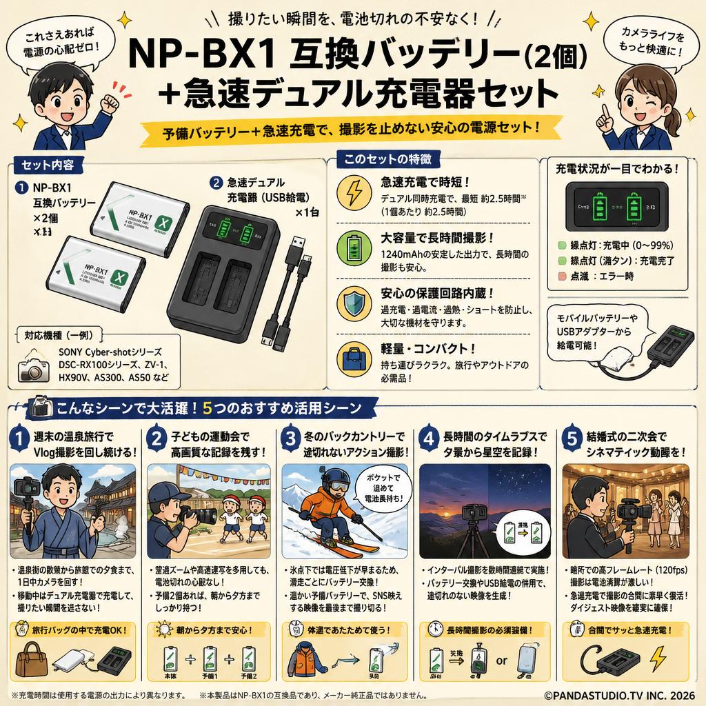 NP-BX1 互換バッテリー（2個）+急速デュアル充電器セット 用途