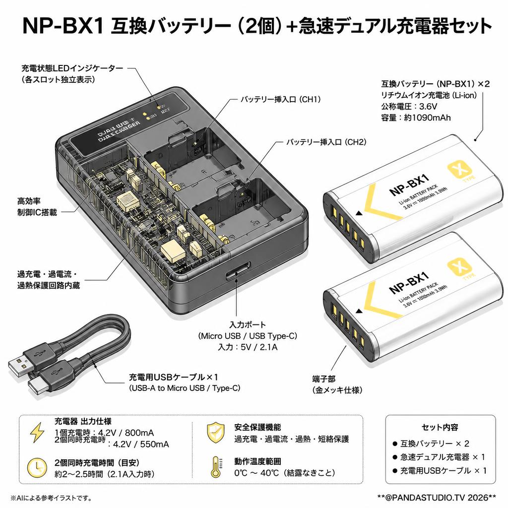 NP-BX1 互換バッテリー（2個）+急速デュアル充電器セット スペック
