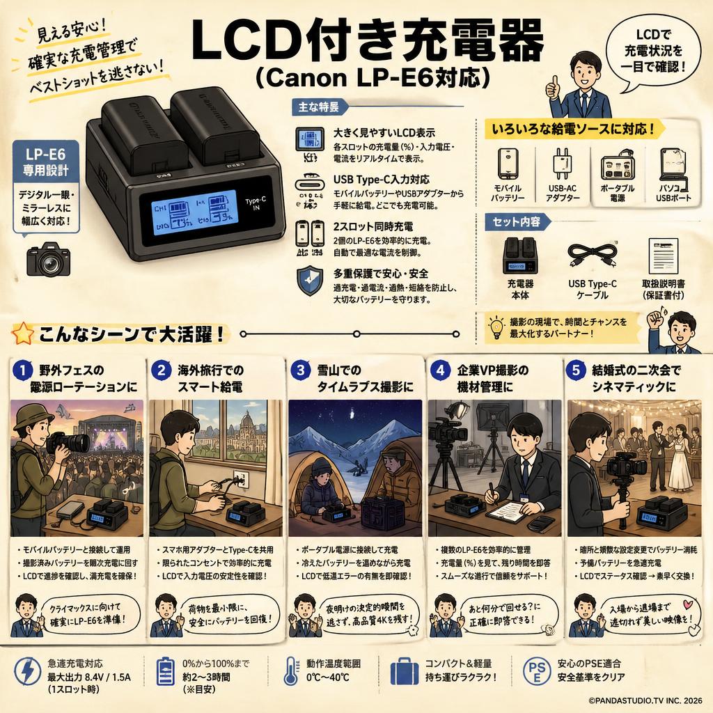 LCD付き充電器（Canon LP-E6対応） 用途