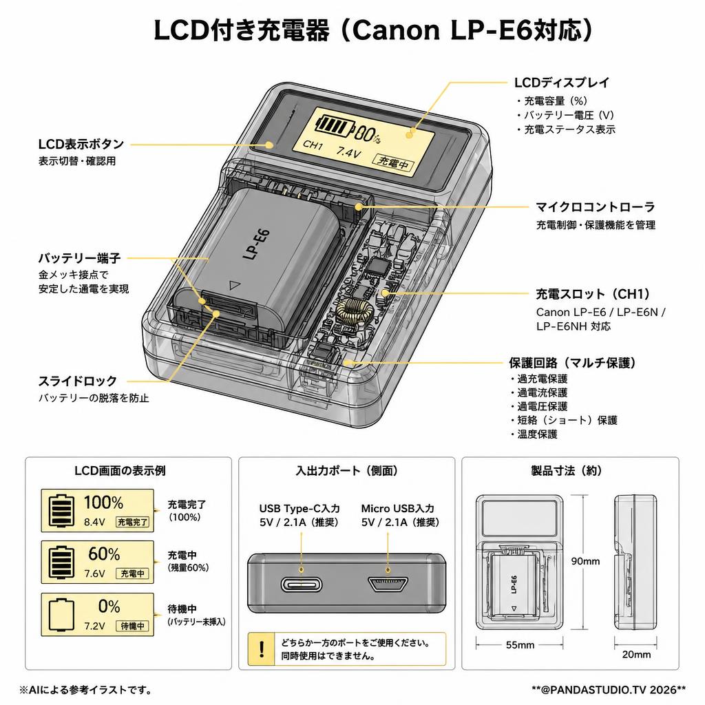 LCD付き充電器（Canon LP-E6対応） スペック