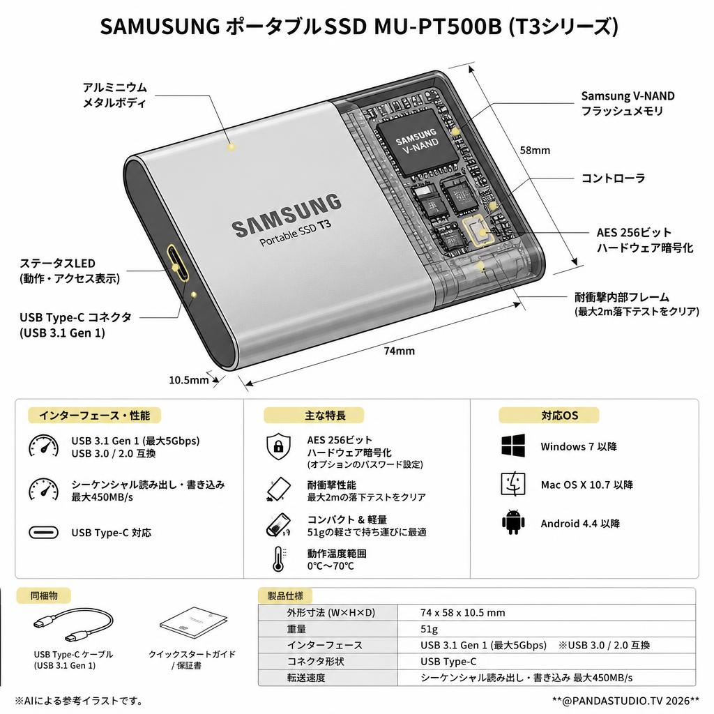 SAMUSUNG  Portable SSD MU-PT500B 500GB T3シリーズ  (外付け USB3.1 USB3.0 USB-C対応) スペック
