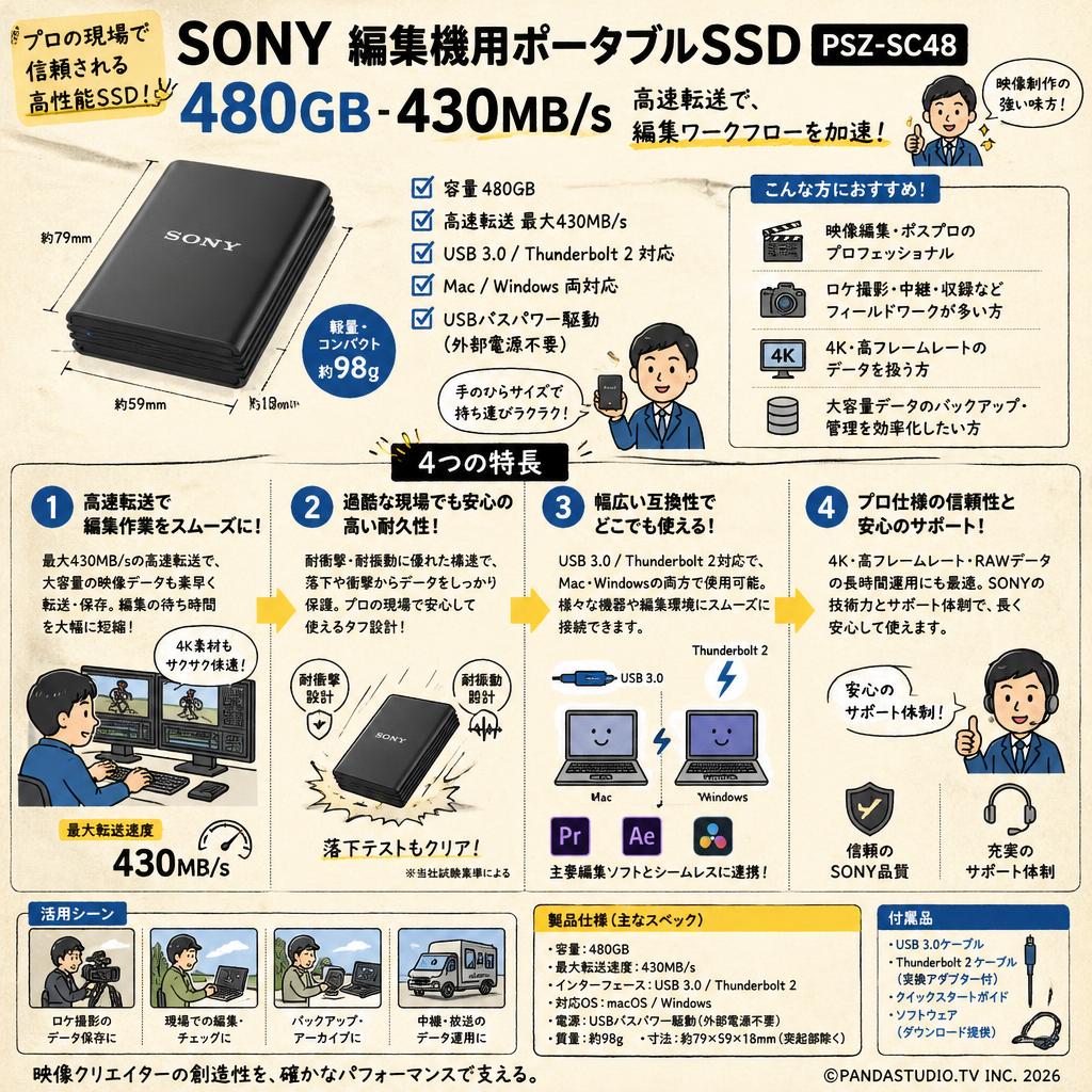 SONY 編集機用ポータブルSSD PSZ-SC48 480GB 430MB/s 概要