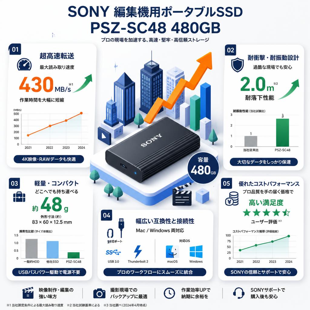 SONY 編集機用ポータブルSSD PSZ-SC48 480GB 430MB/s セールスポイント