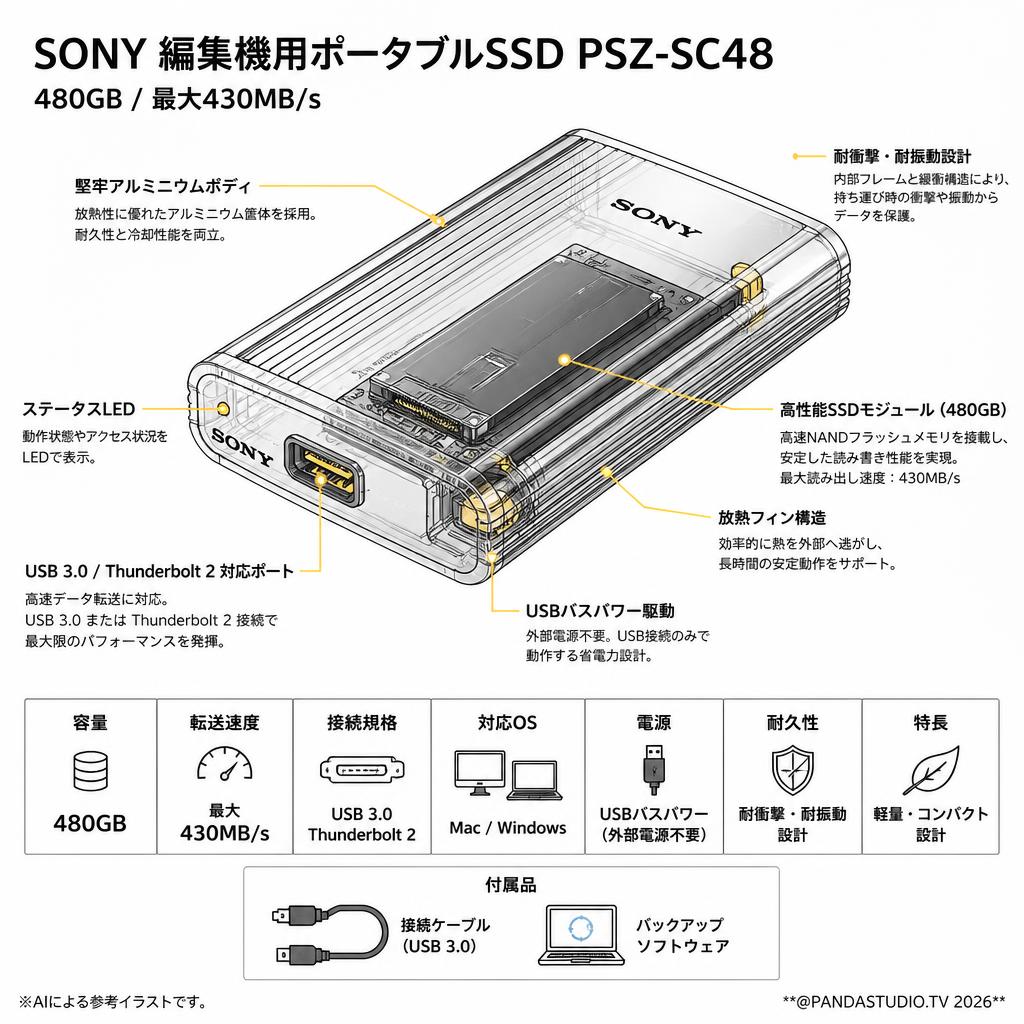 SONY 編集機用ポータブルSSD PSZ-SC48 480GB 430MB/s スペック