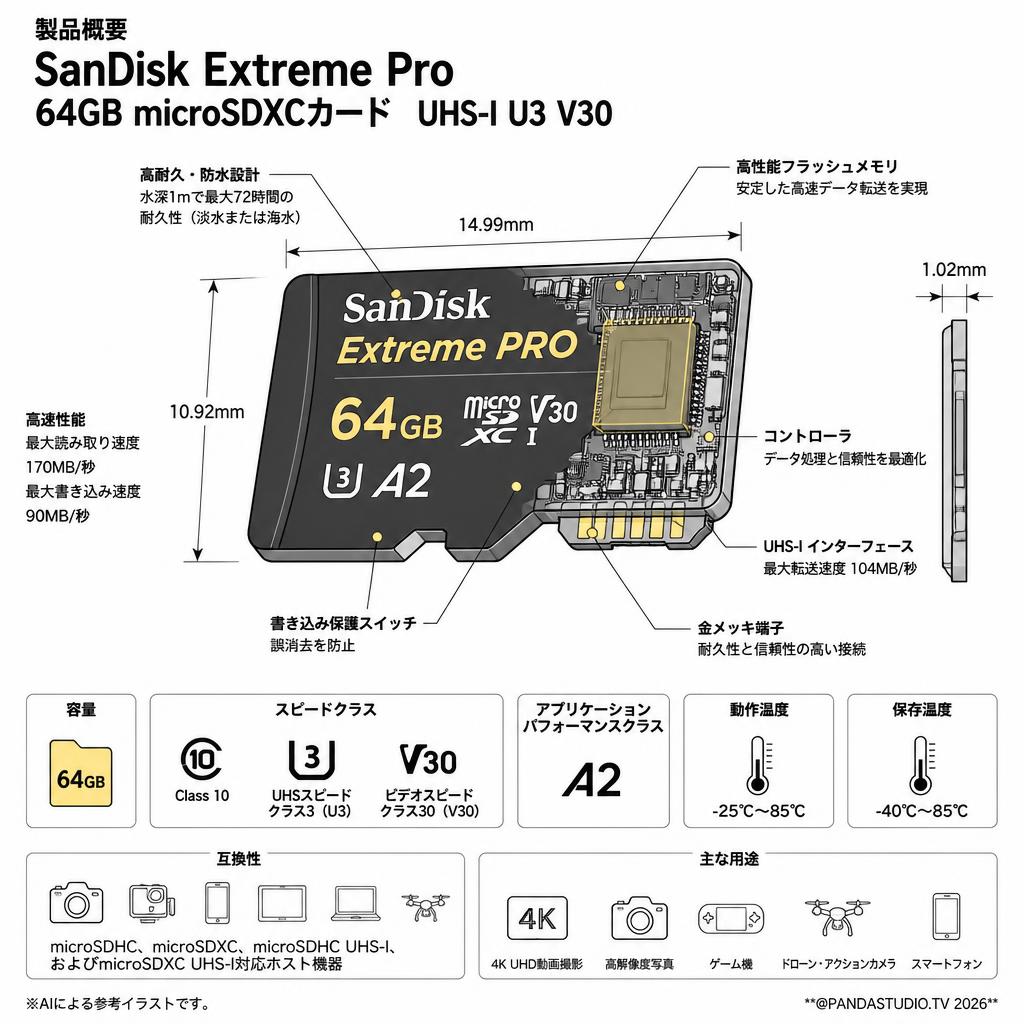 SanDisk Extreme Pro 64GB microSDXCカード  UHS-I U3 V30 スペック