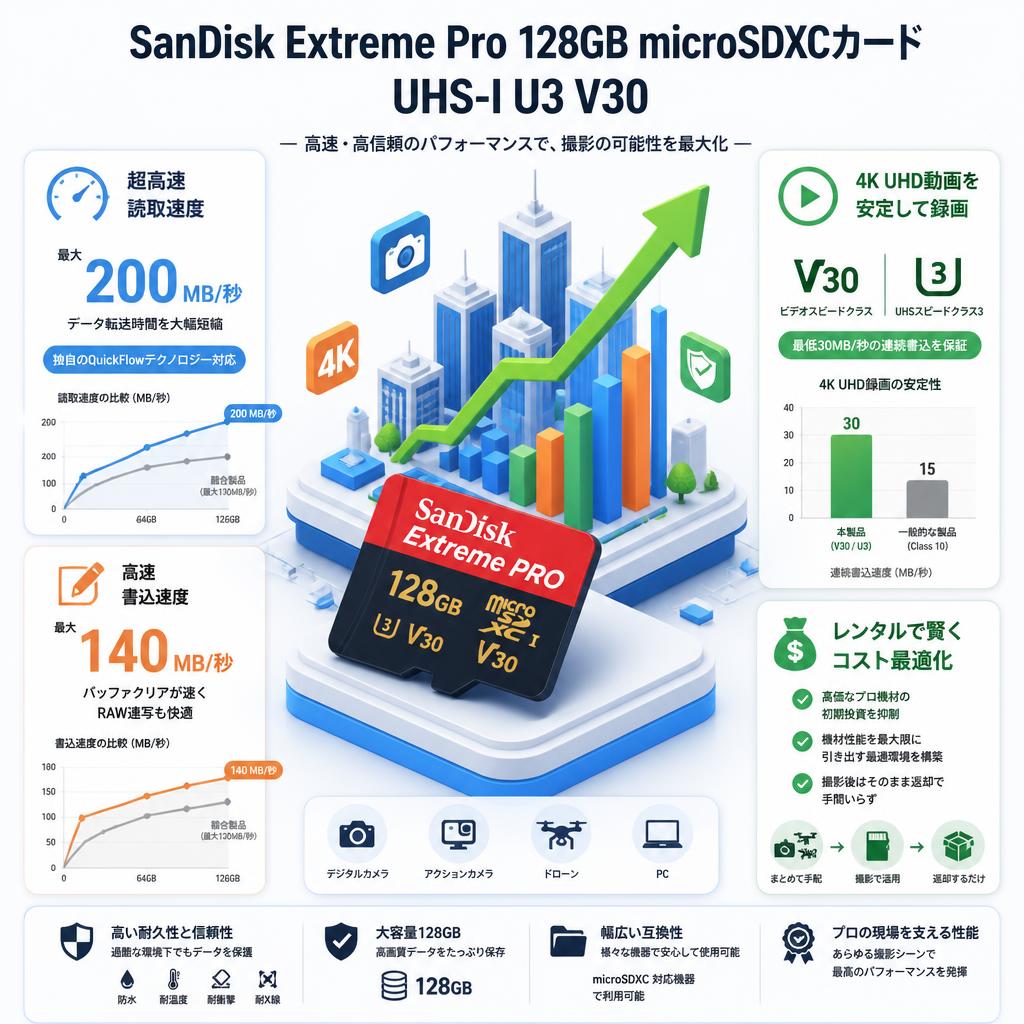 SanDisk Extreme Pro 128GB microSDXCカード UHS-I U3 V30 セールスポイント
