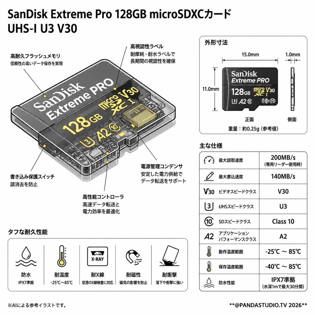 SanDisk Extreme Pro 128GB microSDXCカード UHS-I U3 V30 スペック