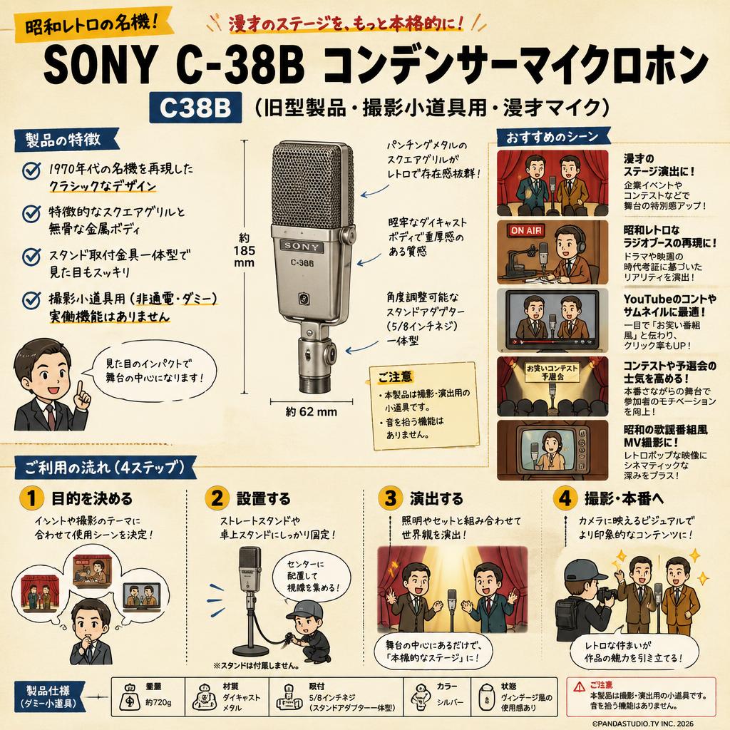 SONY  C-38B コンデンサーマイクロホン C38B（旧型製品・撮影小道具用・漫才マイク） 用途